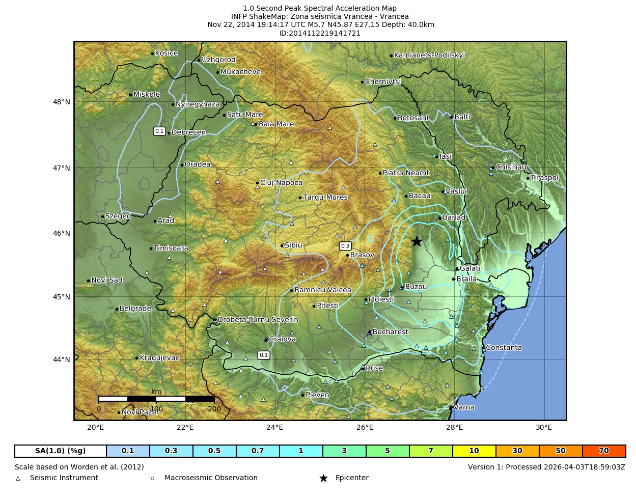 Map of PSA 1.0s contours